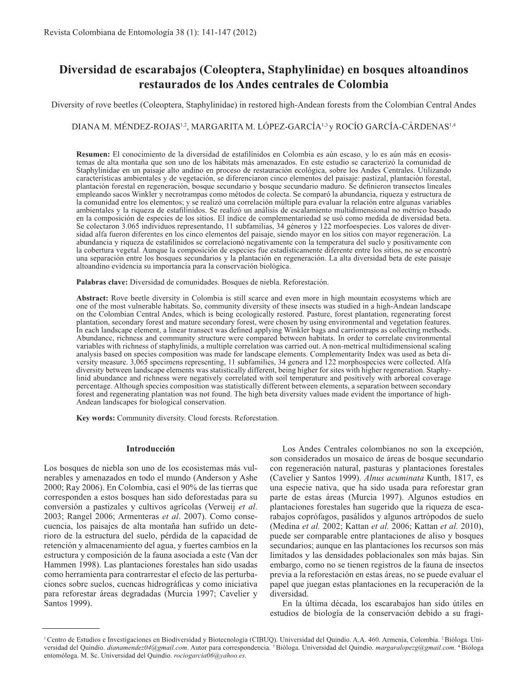 Diversidad De Escarabajos (Coleoptera, Staphylinidae) En Bosques Altoandinos Restaurados De Los Andes Centrales De Colombia