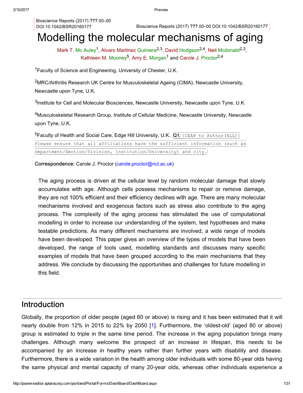 Modelling the Molecular Mechanisms of Aging Mark T