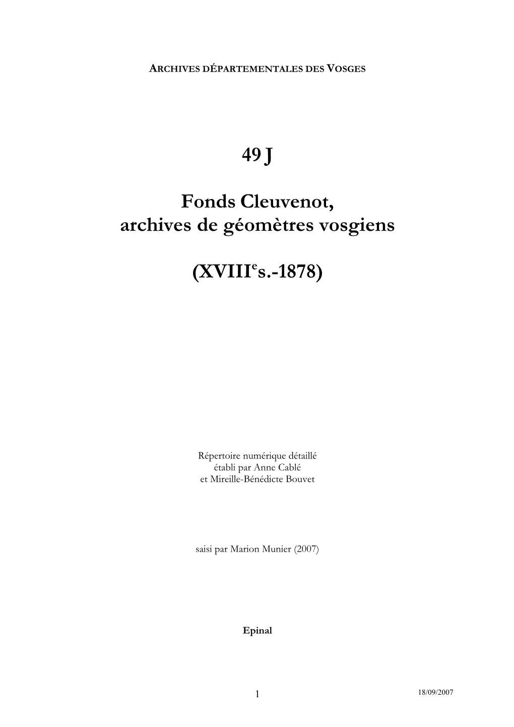 49 J Fonds Cleuvenot, Archives De Géomètres Vosgiens (XVIII S.-1878)