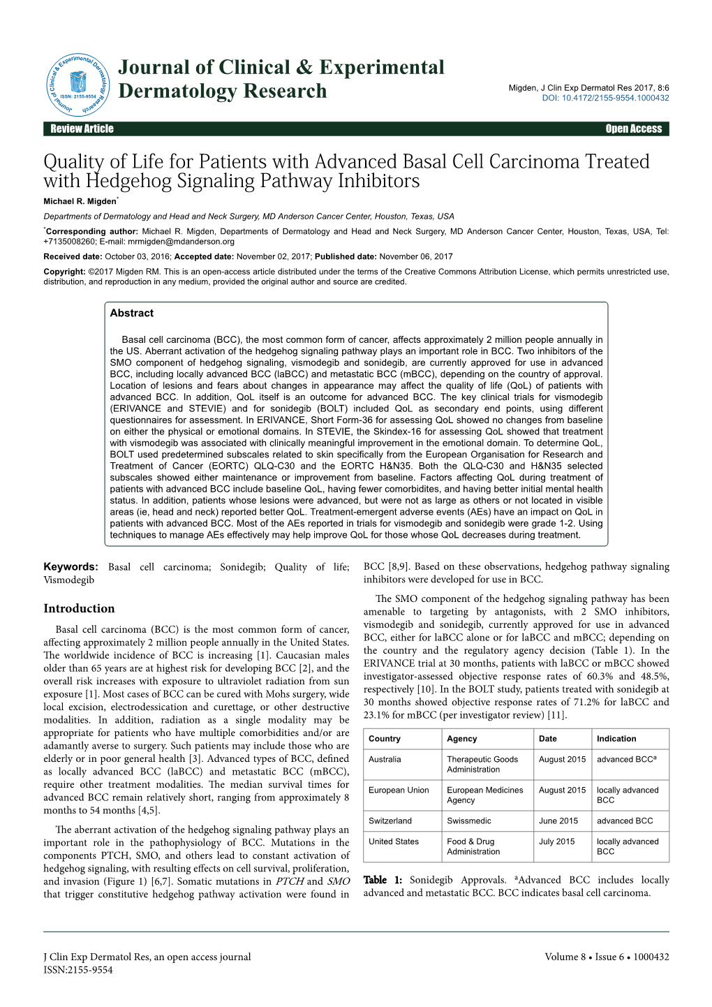 Quality of Life for Patients with Advanced Basal Cell Carcinoma Treated with Hedgehog Signaling Pathway Inhibitors Michael R