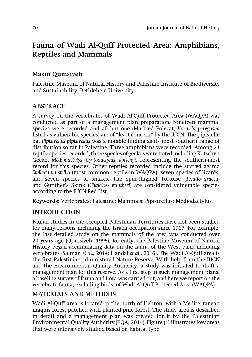 Fauna of Wadi Al-Quff Protected Area: Amphibians, Reptiles and Mammals