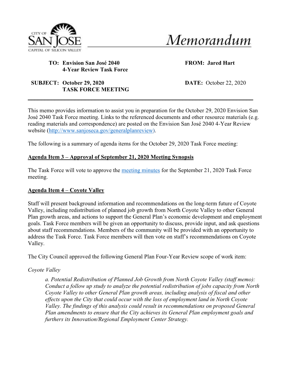 October 29, 2020 Task Force Meeting Overview Memo