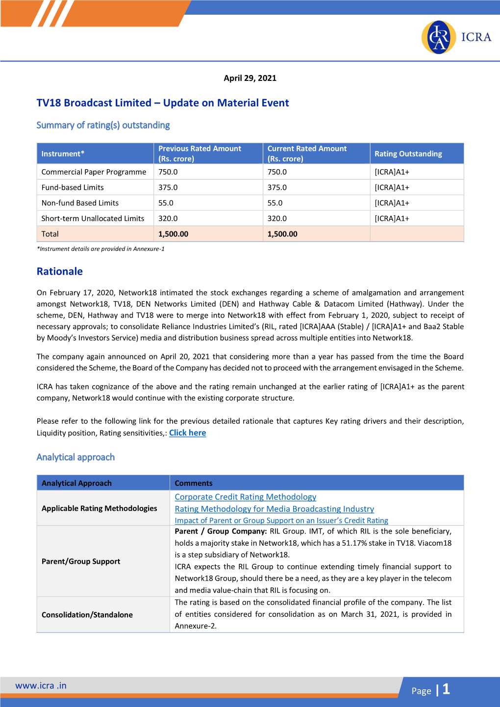 TV18 Broadcast Limited – Update on Material Event Rationale