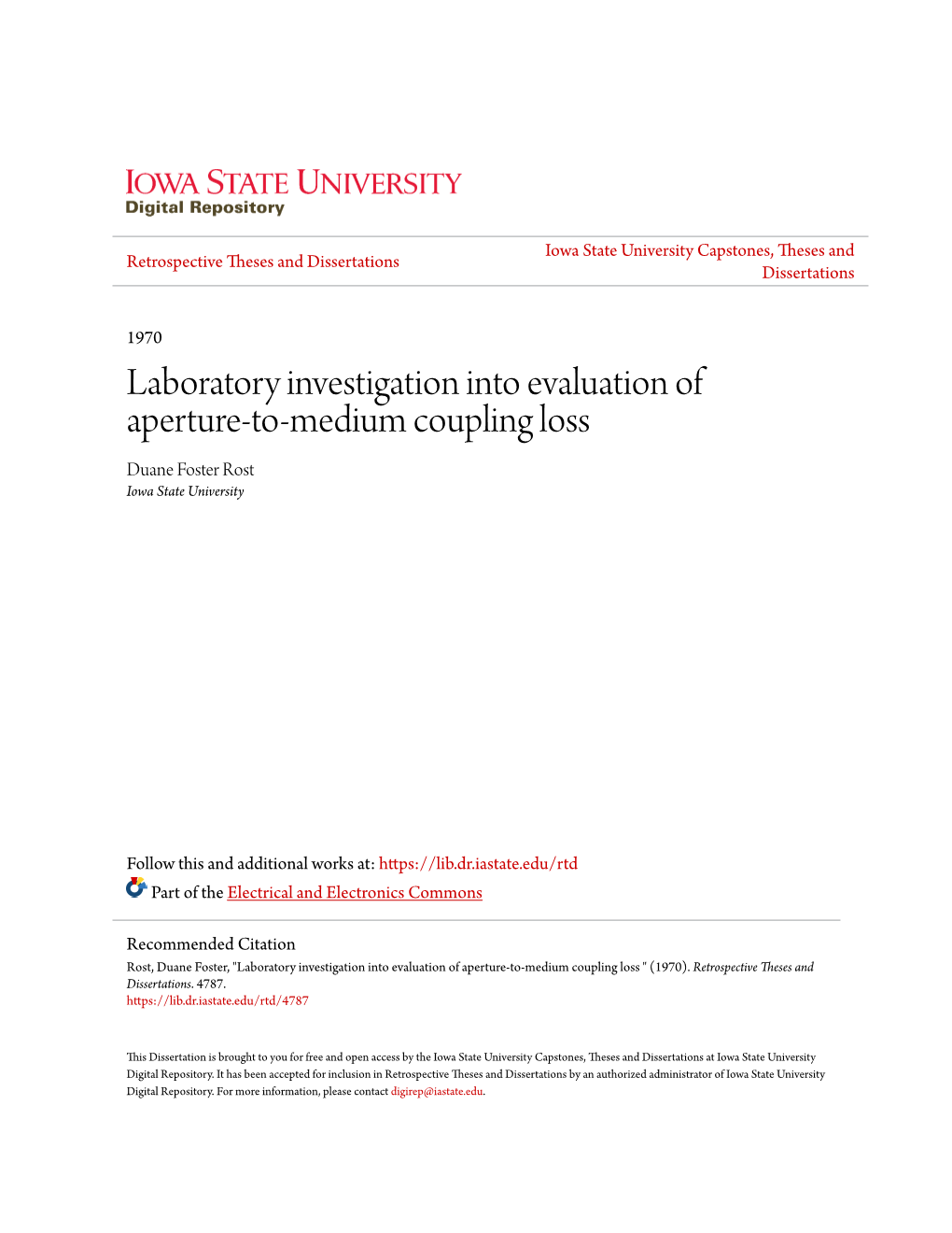 Laboratory Investigation Into Evaluation of Aperture-To-Medium Coupling Loss Duane Foster Rost Iowa State University