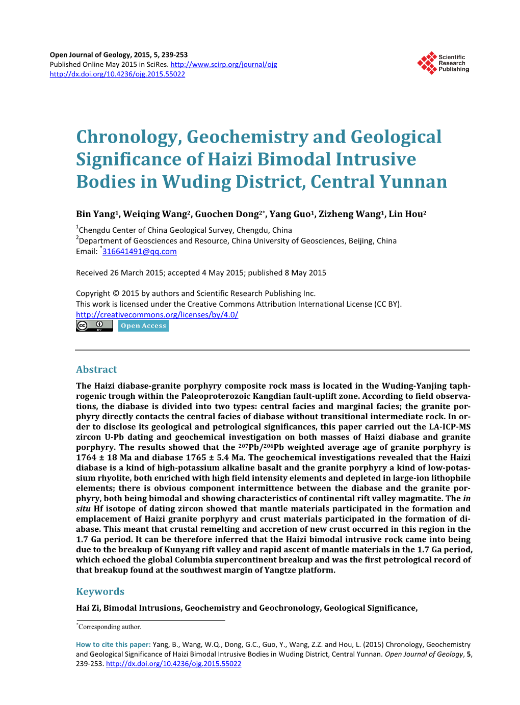 Chronology, Geochemistry and Geological Significance of Haizi Bimodal Intrusive Bodies in Wuding District, Central Yunnan