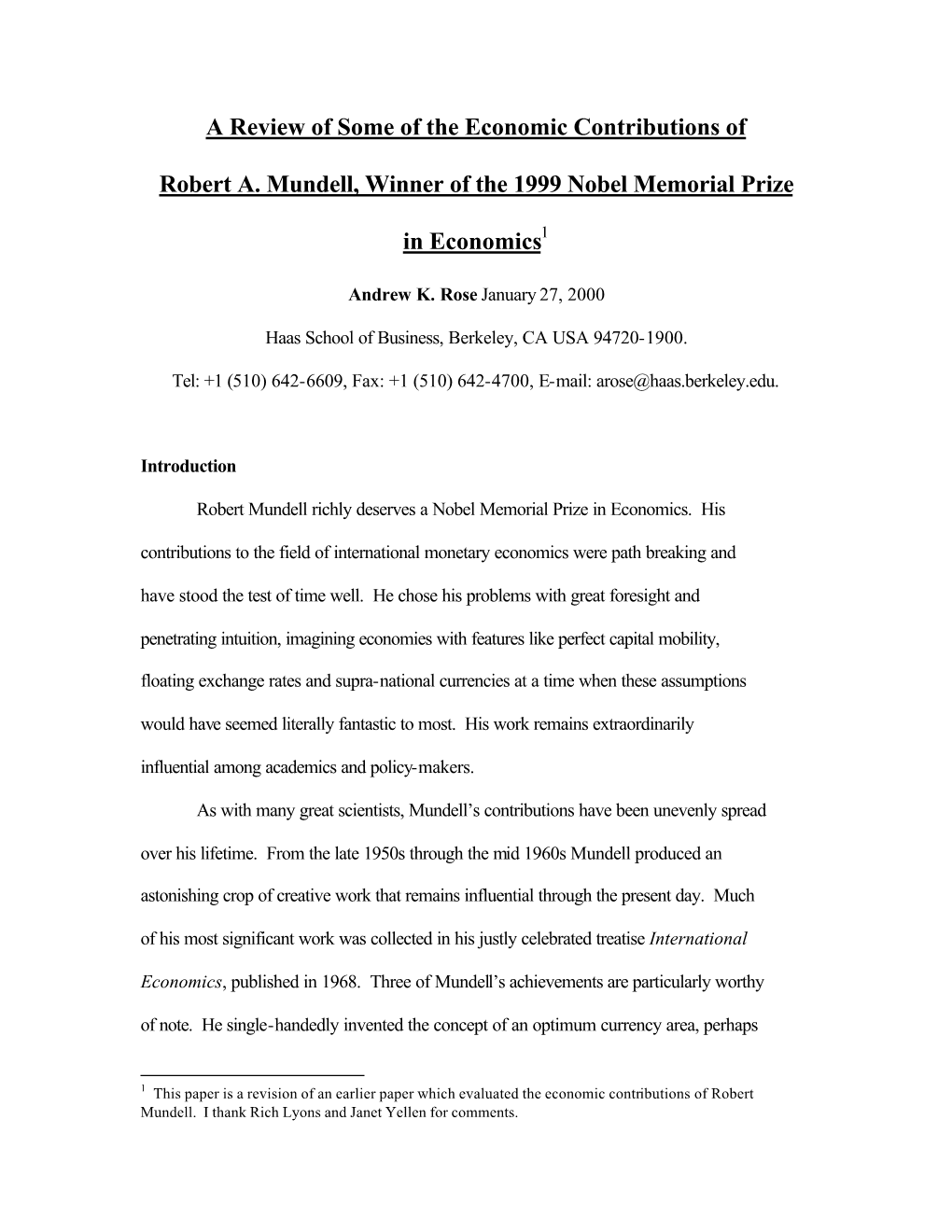 A Review of Some of the Economic Contributions of Robert A. Mundell