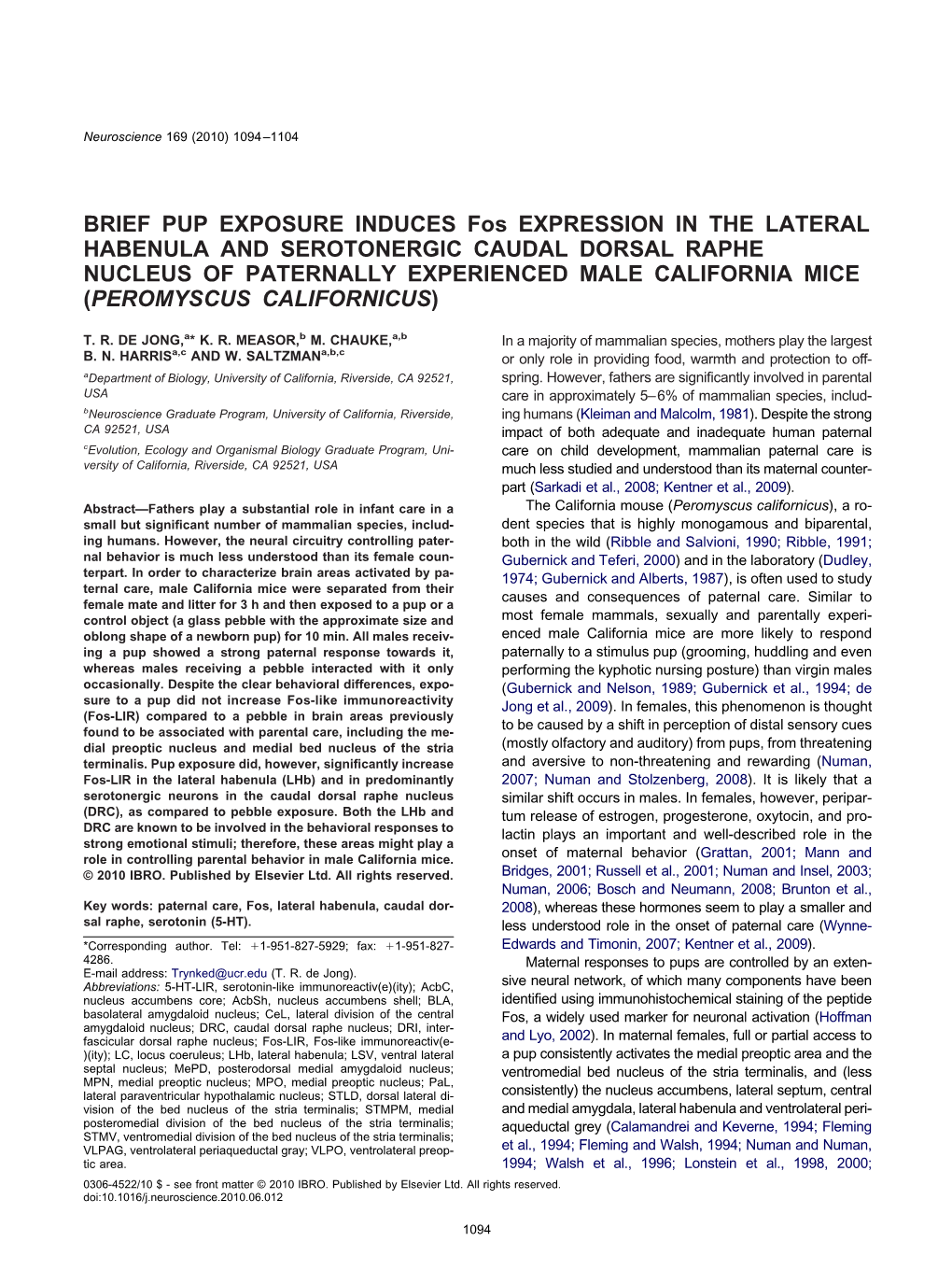 BRIEF PUP EXPOSURE INDUCES Fos EXPRESSION in THE