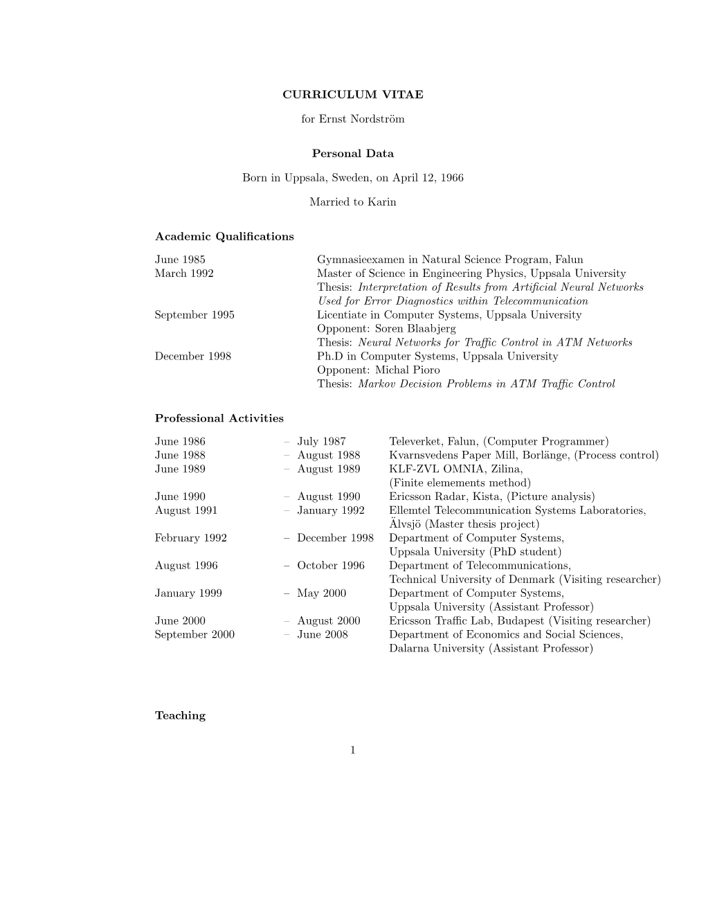 CURRICULUM VITAE for Ernst Nordström Personal Data Born In