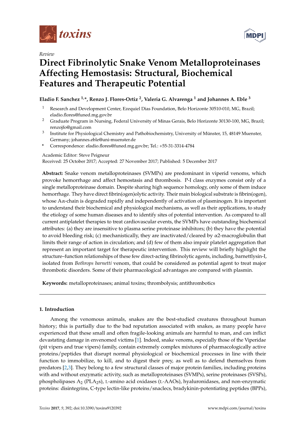 Direct Fibrinolytic Snake Venom Metalloproteinases Affecting Hemostasis: Structural, Biochemical Features and Therapeutic Potential