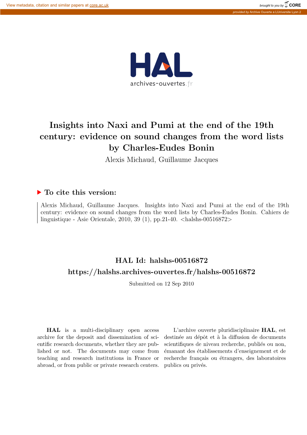 Insights Into Naxi and Pumi at the End of the 19Th Century: Evidence on Sound Changes from the Word Lists by Charles-Eudes Bonin Alexis Michaud, Guillaume Jacques