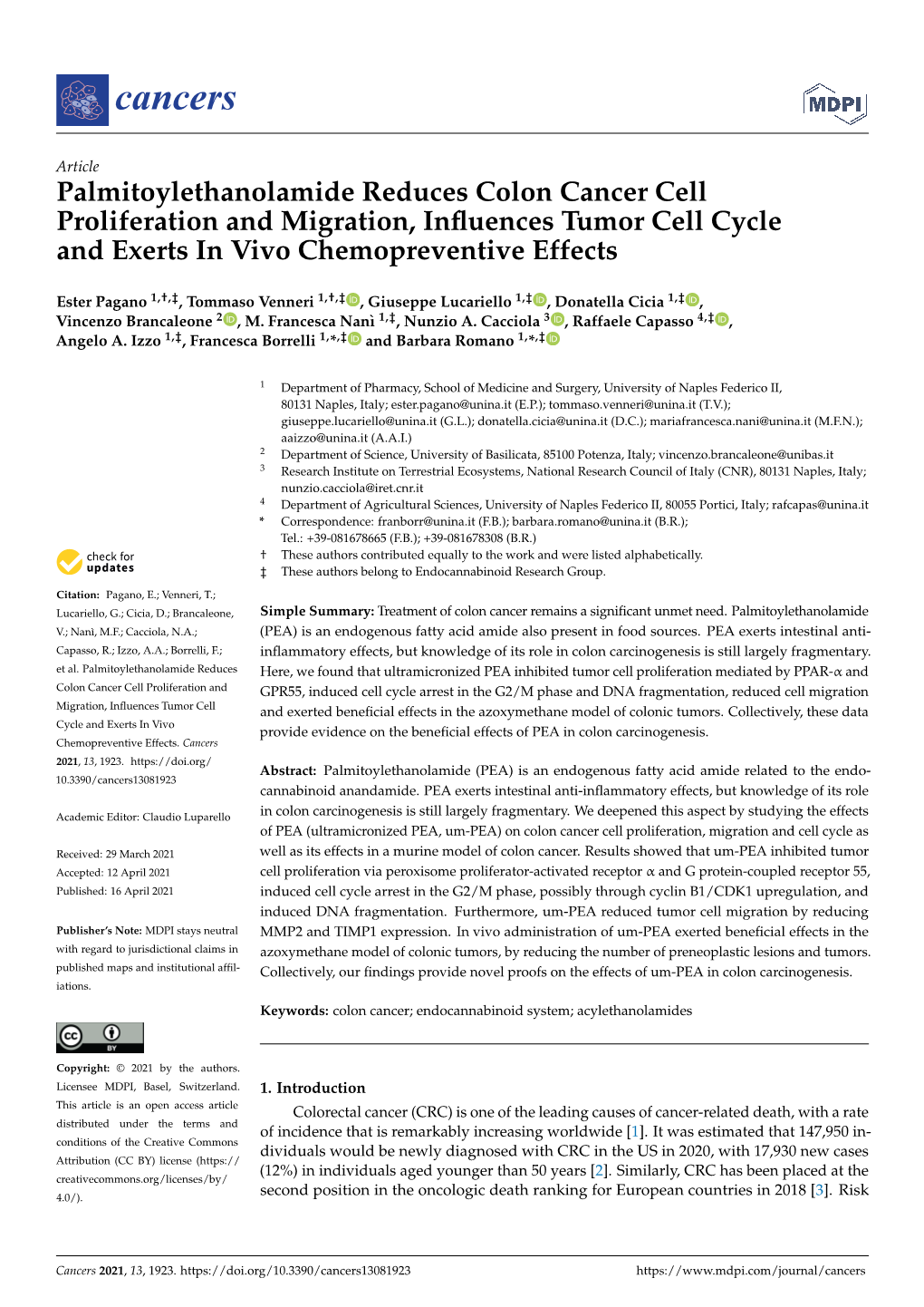 Palmitoylethanolamide Reduces Colon Cancer Cell Proliferation and Migration, Inﬂuences Tumor Cell Cycle and Exerts in Vivo Chemopreventive Effects