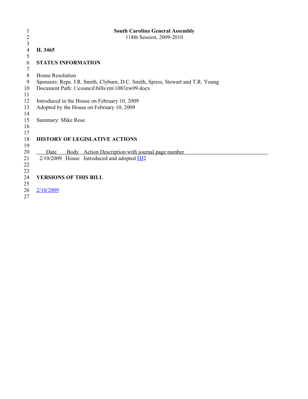 2009-2010 Bill 3465: Mike Rose - South Carolina Legislature Online