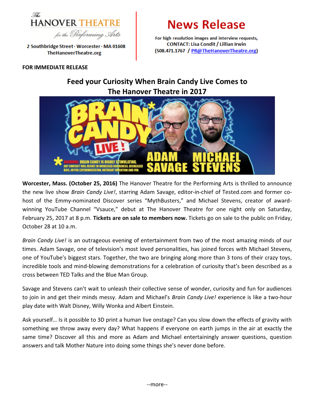 Feed Your Curiosity When Brain Candy Live Comes to the Hanover Theatre in 2017