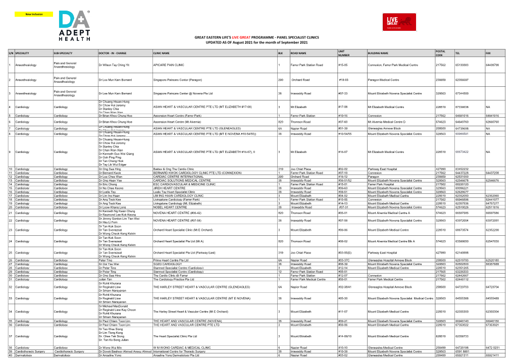 GREAT EASTERN LIFE's LIVE GREAT PROGRAMME - PANEL SPECIALIST CLINICS UPDATED AS of August 2021 for the Month of September 2021