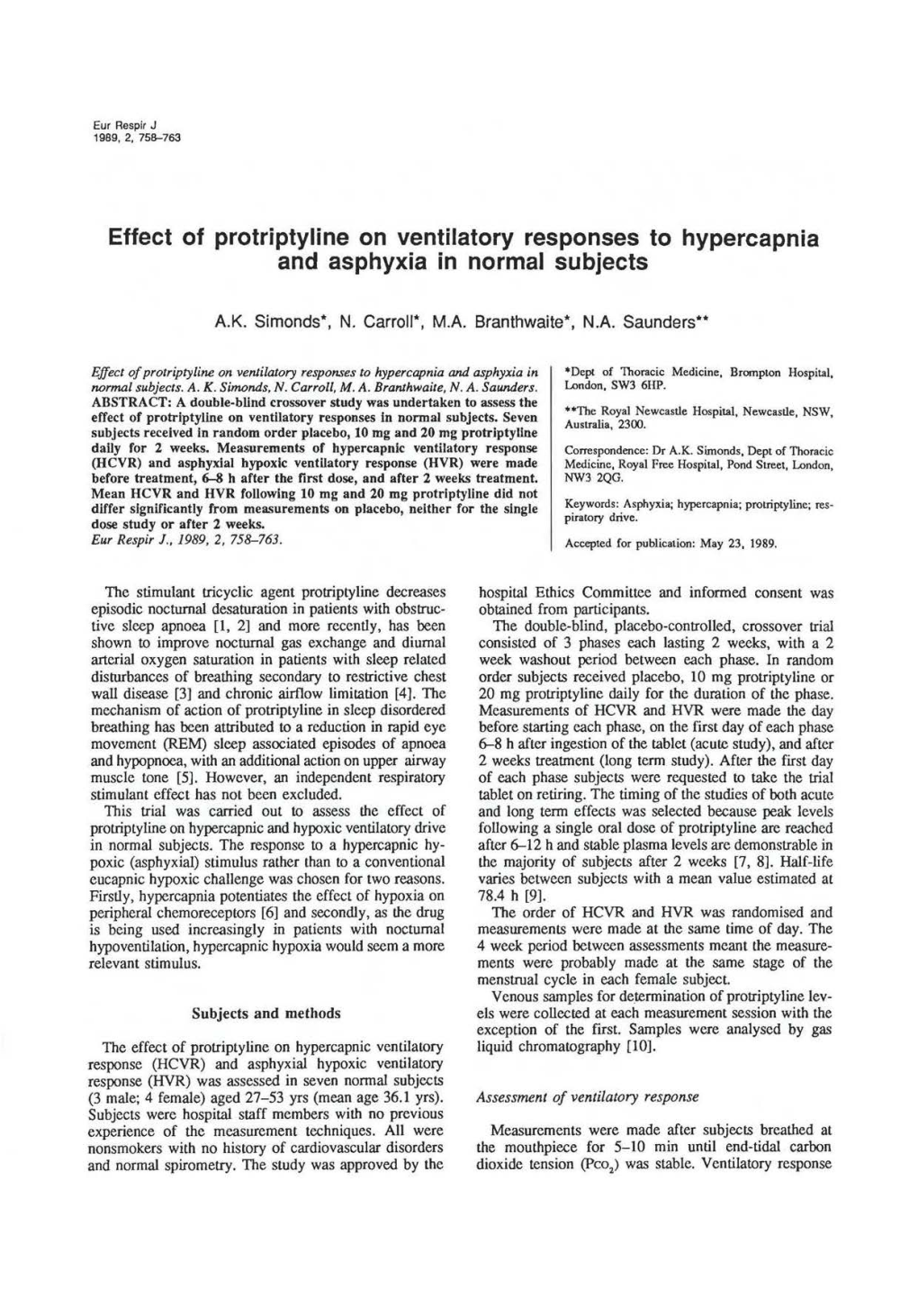 Effect of Protriptyline on Ventilatory Responses to Hypercapnia and Asphyxia in Normal Subjects