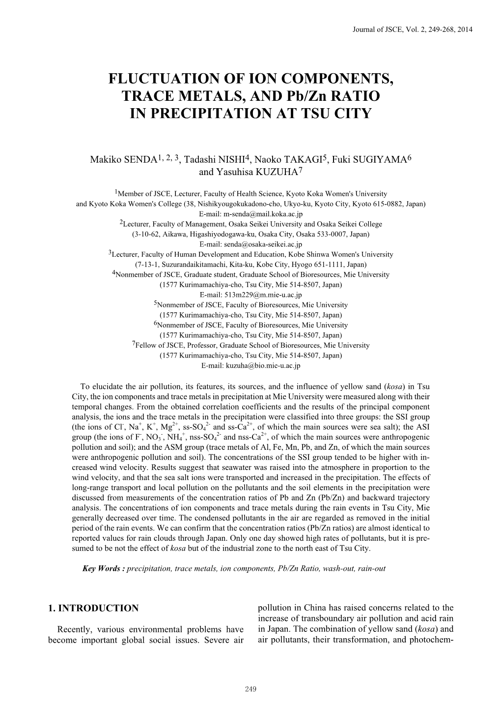 FLUCTUATION of ION COMPONENTS, TRACE METALS, and Pb/Zn RATIO in PRECIPITATION at TSU CITY