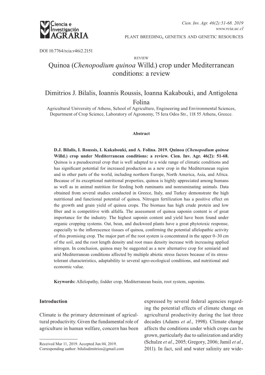 Chenopodium Quinoa Willd.) Crop Under Mediterranean Conditions: a Review