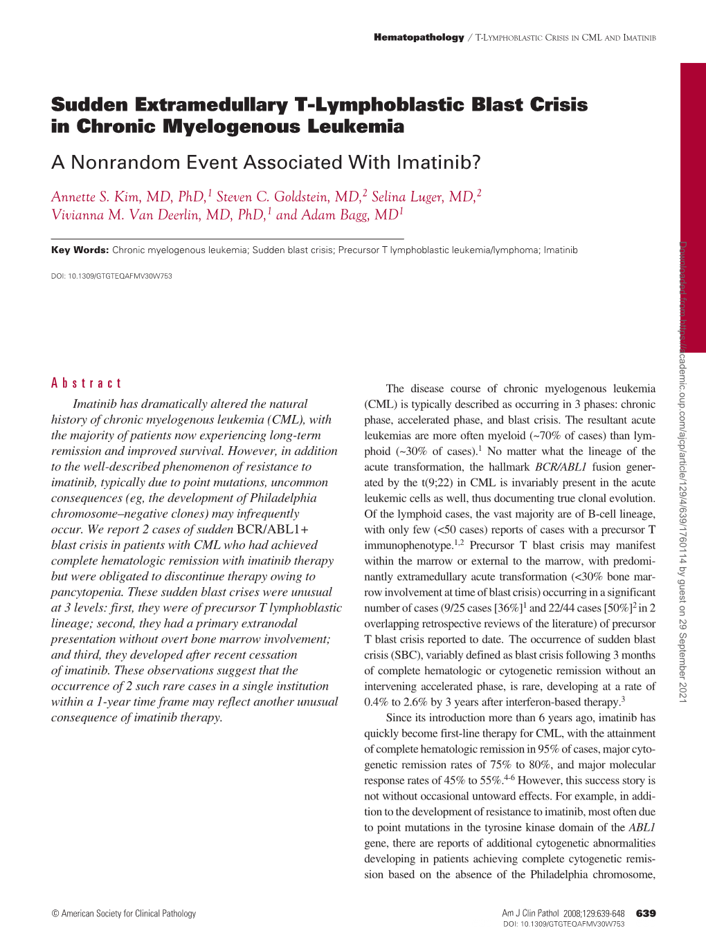 Sudden Extramedullary T-Lymphoblastic Blast Crisis in Chronic Myelogenous Leukemia a Nonrandom Event Associated with Imatinib?