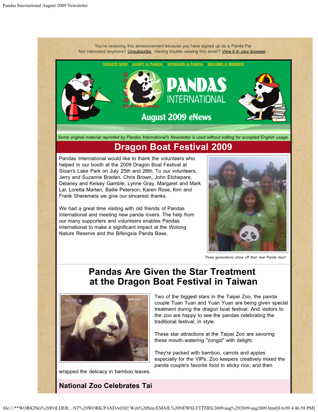Pandas International August 2009 Newsletter