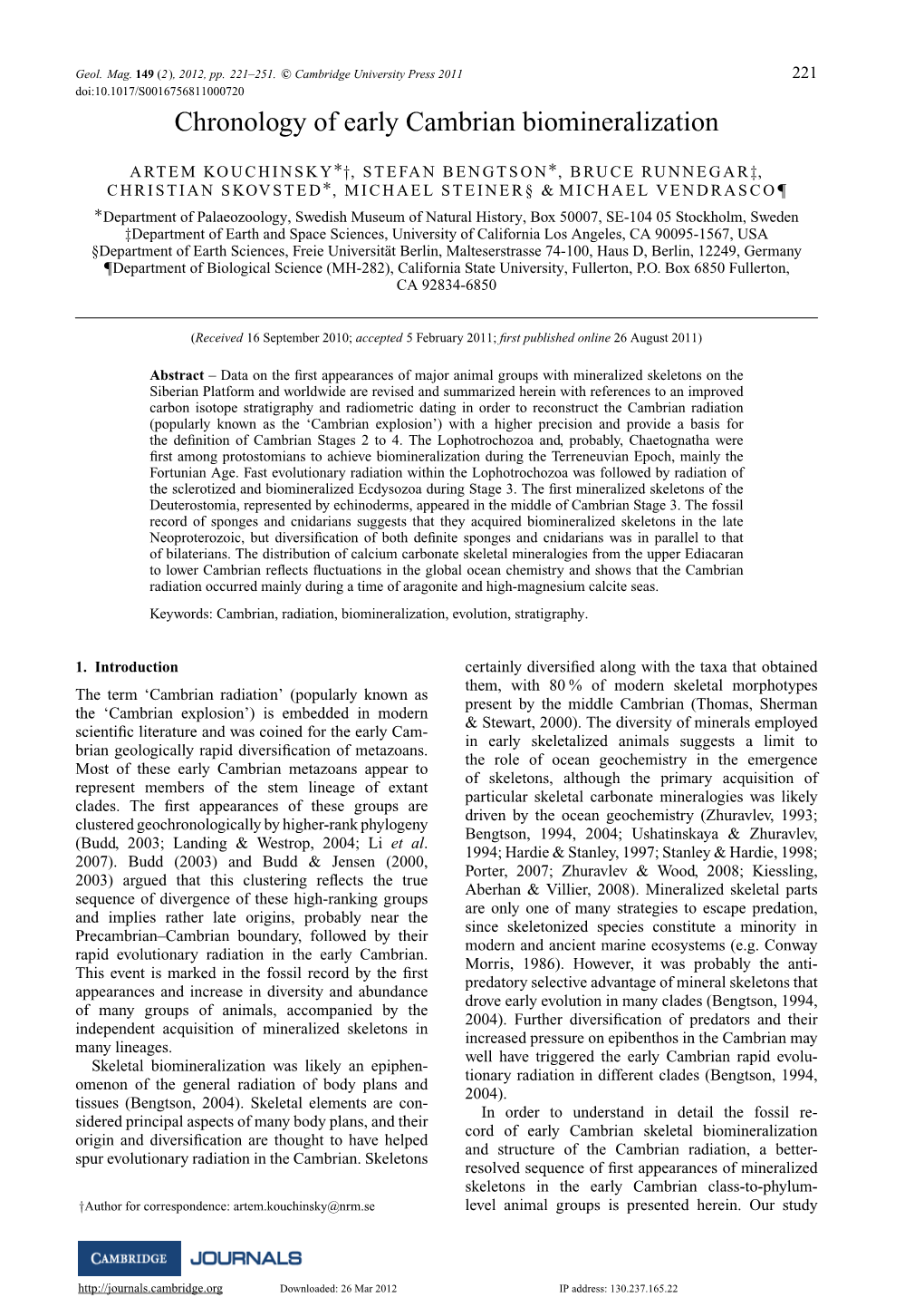 Chronology of Early Cambrian Biomineralization