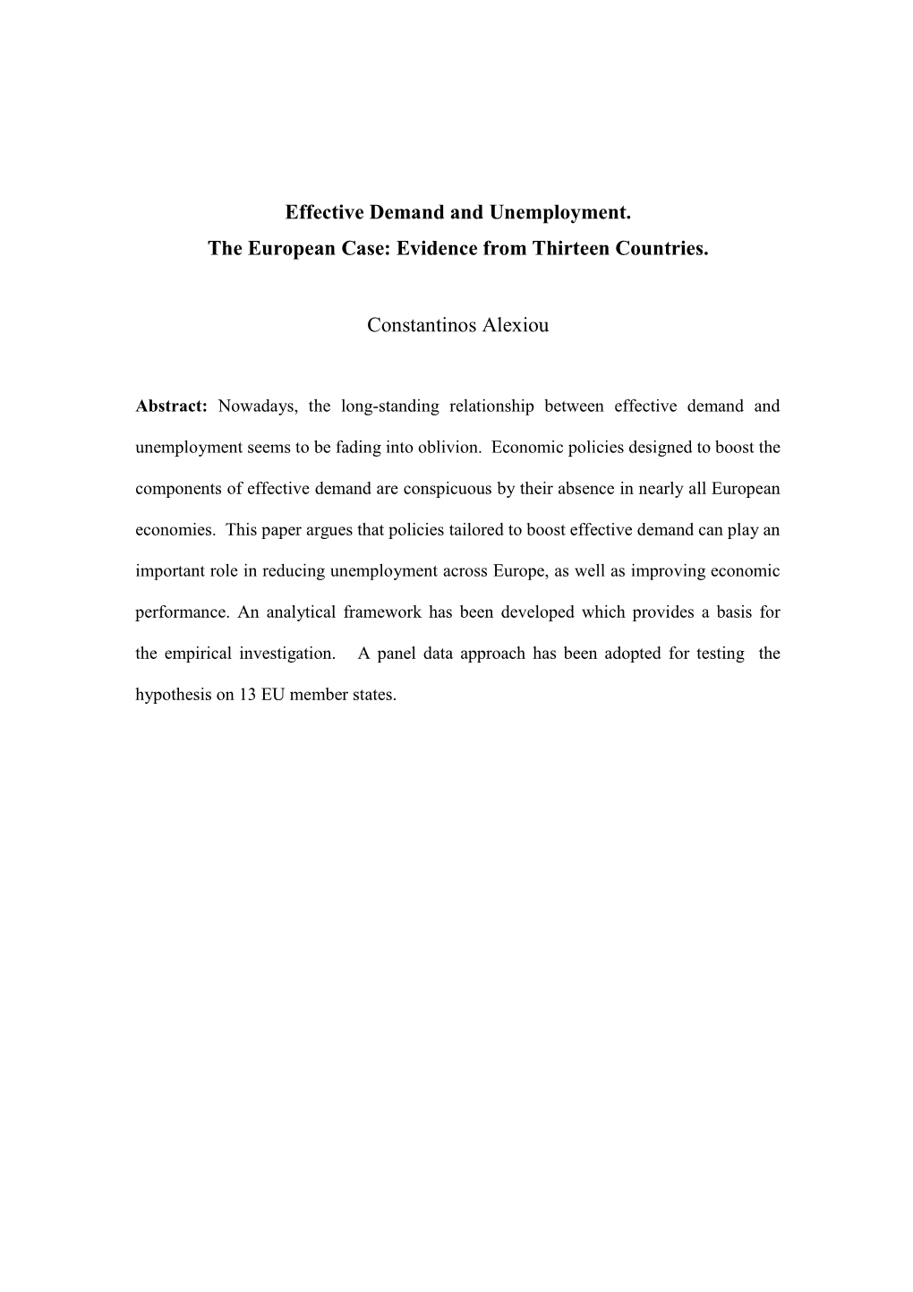 Effective Demand and Unemployment. the European Case: Evidence from Thirteen Countries