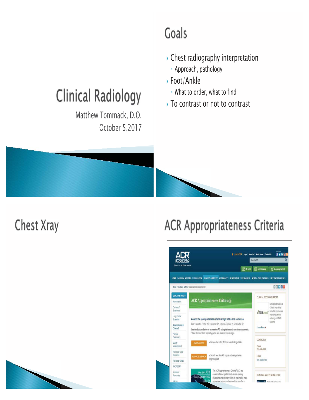 Chest Radiography Interpretation Ń Approach, Pathology ` Foot/Ankle Ń What to Order, What to Find ` to Contrast Or Not to Contrast Matthew Tommack, D.O