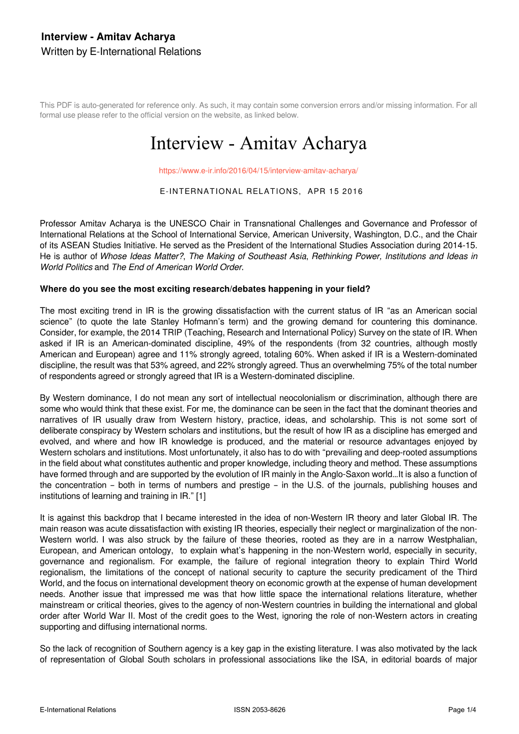 Amitav Acharya Written by E-International Relations