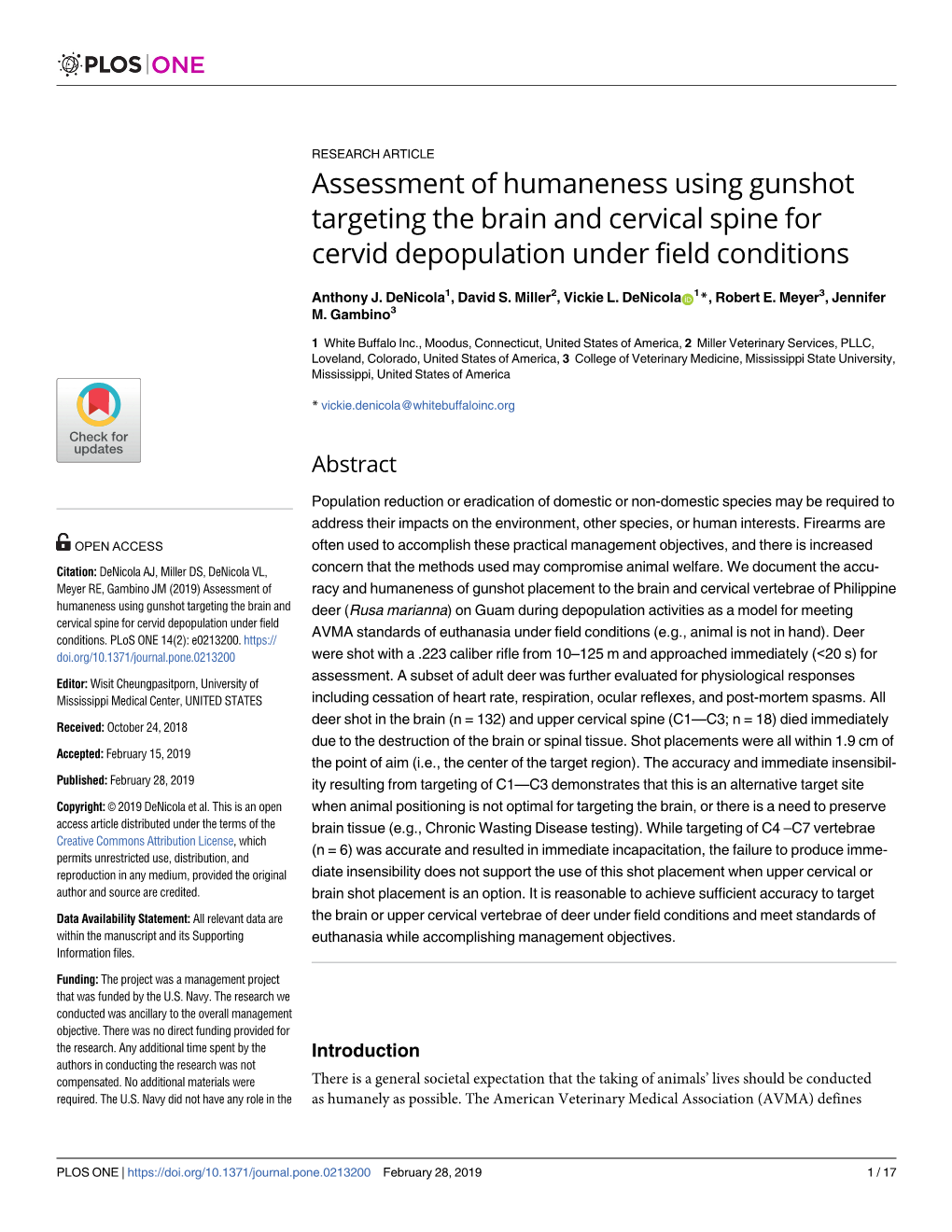 Assessment of Humaneness Using Gunshot Targeting the Brain and Cervical Spine for Cervid Depopulation Under Field Conditions