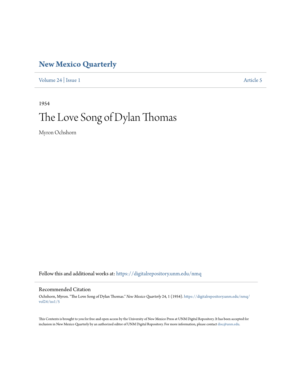 The Love Song of Dylan Thomas Myron Ochshorn