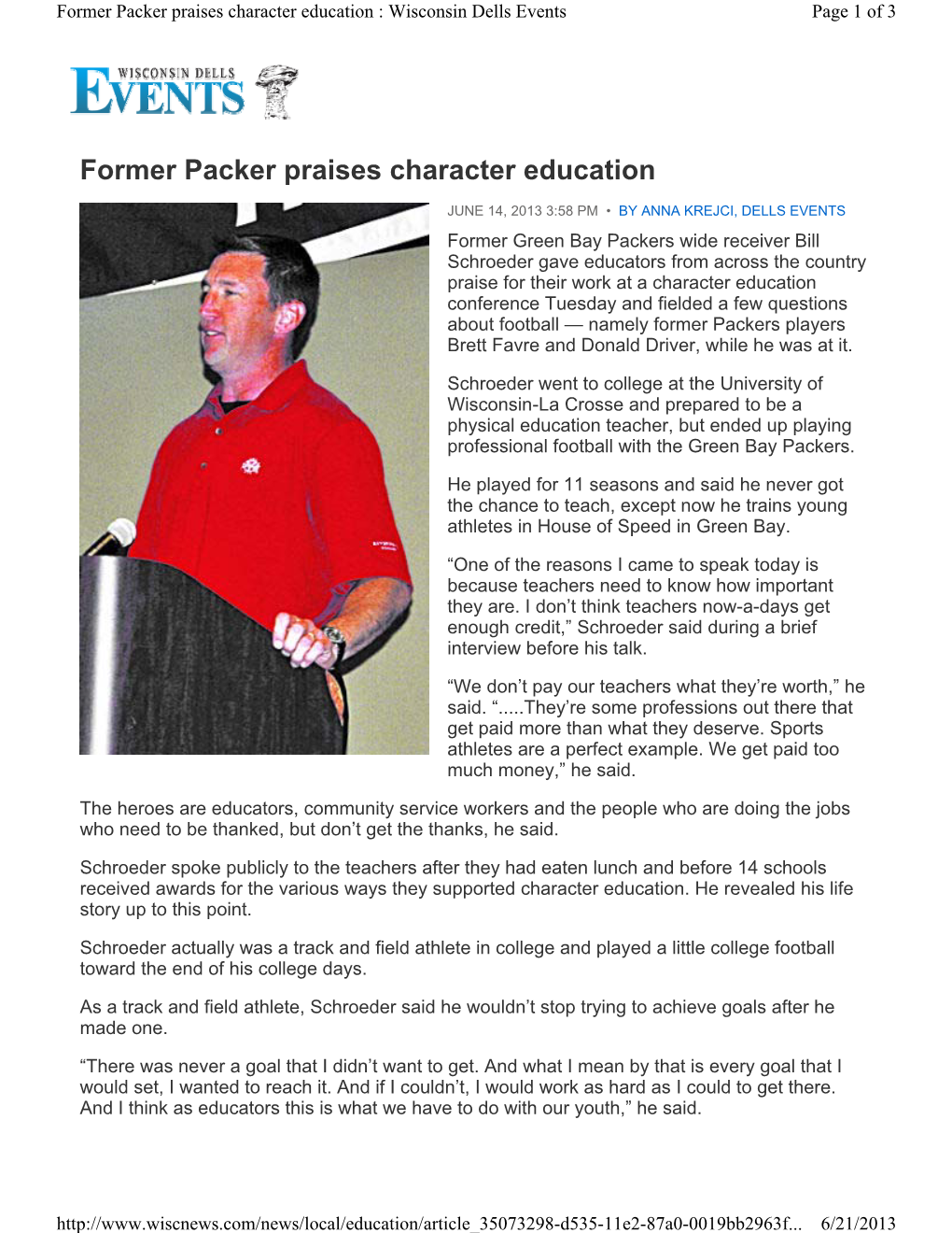 Former Packer Praises Character Education : Wisconsin Dells Events Page 1 of 3