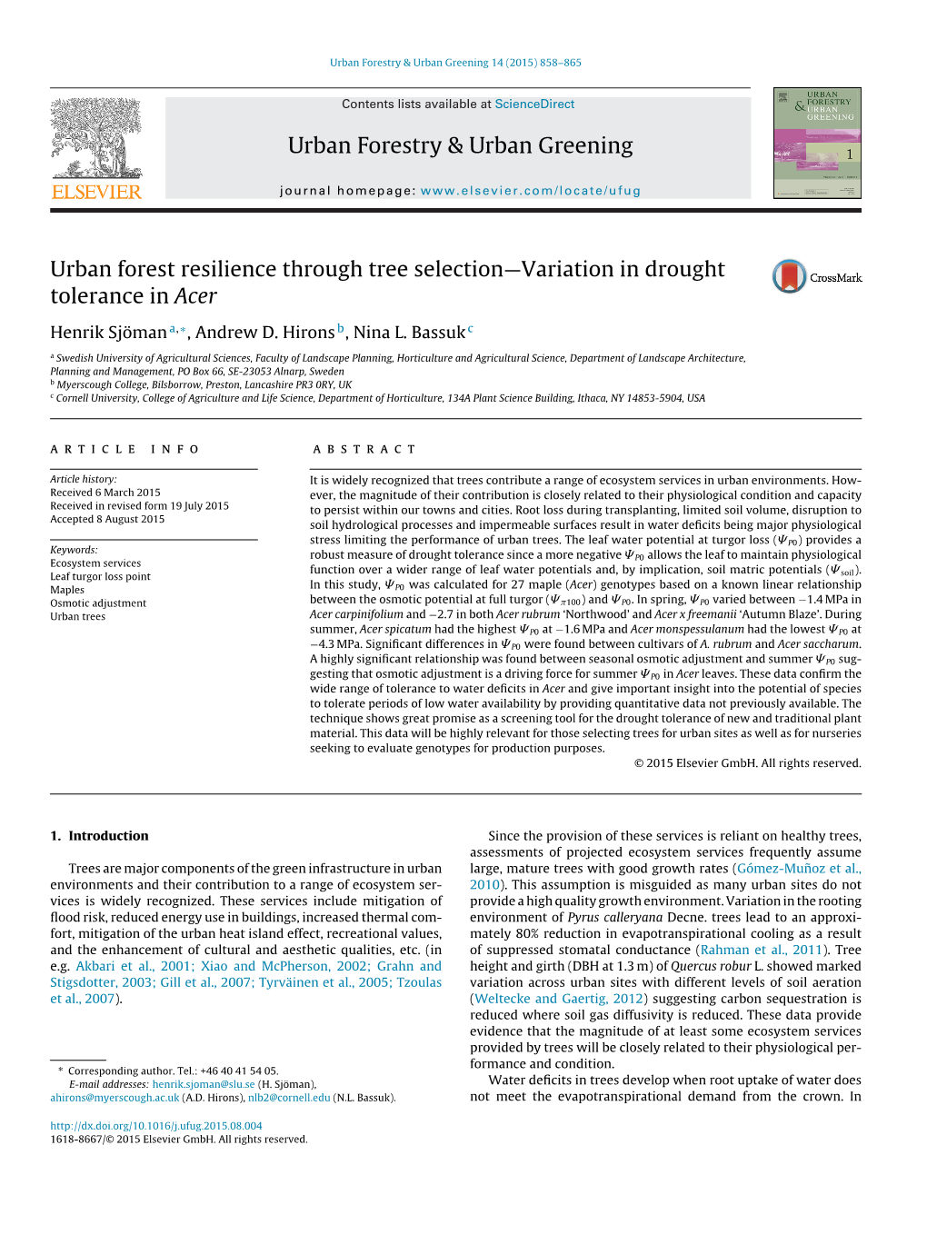 Urban Forest Resilience Through Tree Selection—Variation in Drought Tolerance in Acer