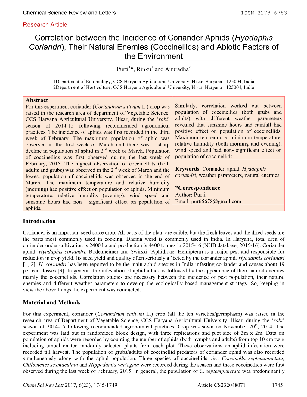 (Hyadaphis Coriandri), Their Natural Enemies (Coccinellids) and Abiotic Factors of the Environment Purti1*, Rinku1 and Anuradha2