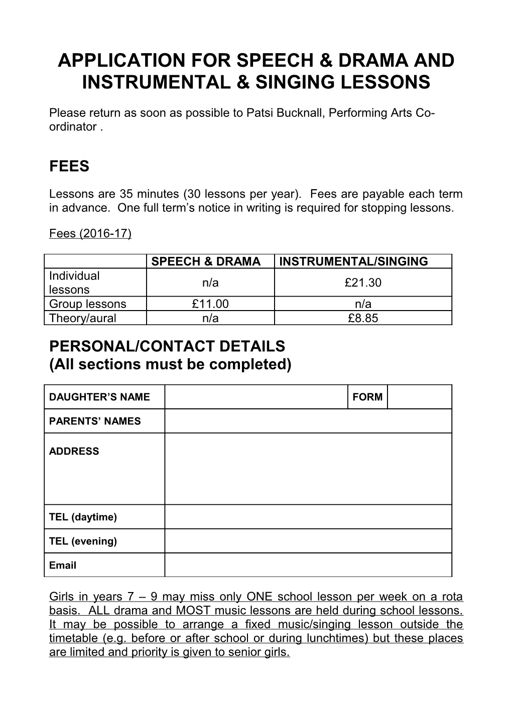 Application for Speech & Drama and Instrumental & Singing Lessons