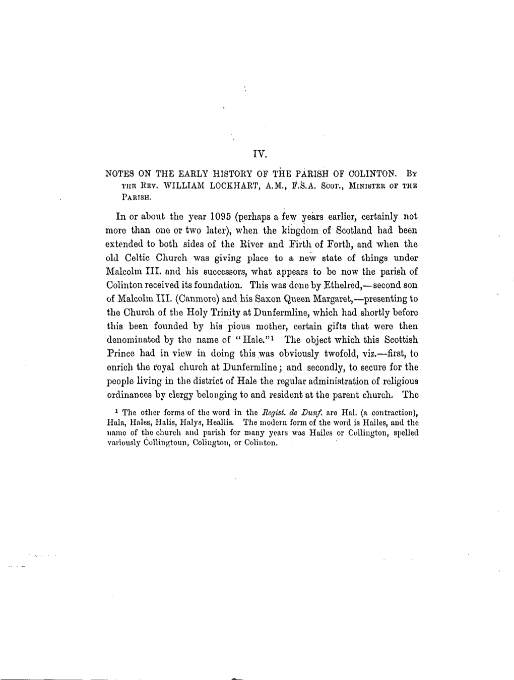 Notes on the Early History of the Parish of Colinton. by Tub Rev