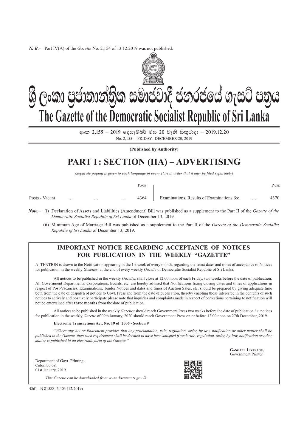 The Gazette of the Democratic Socialist Republic of Sri Lanka Wxl 2"155 – 2019 Foieïn¾ Ui 20 Jeks Isl=Rdod – 2019'12'20 No