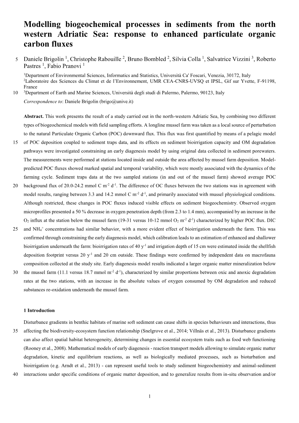 Modelling Biogeochemical Processes in Sediments from the North Western Adriatic Sea: Response to Enhanced Particulate Organic Carbon Fluxes