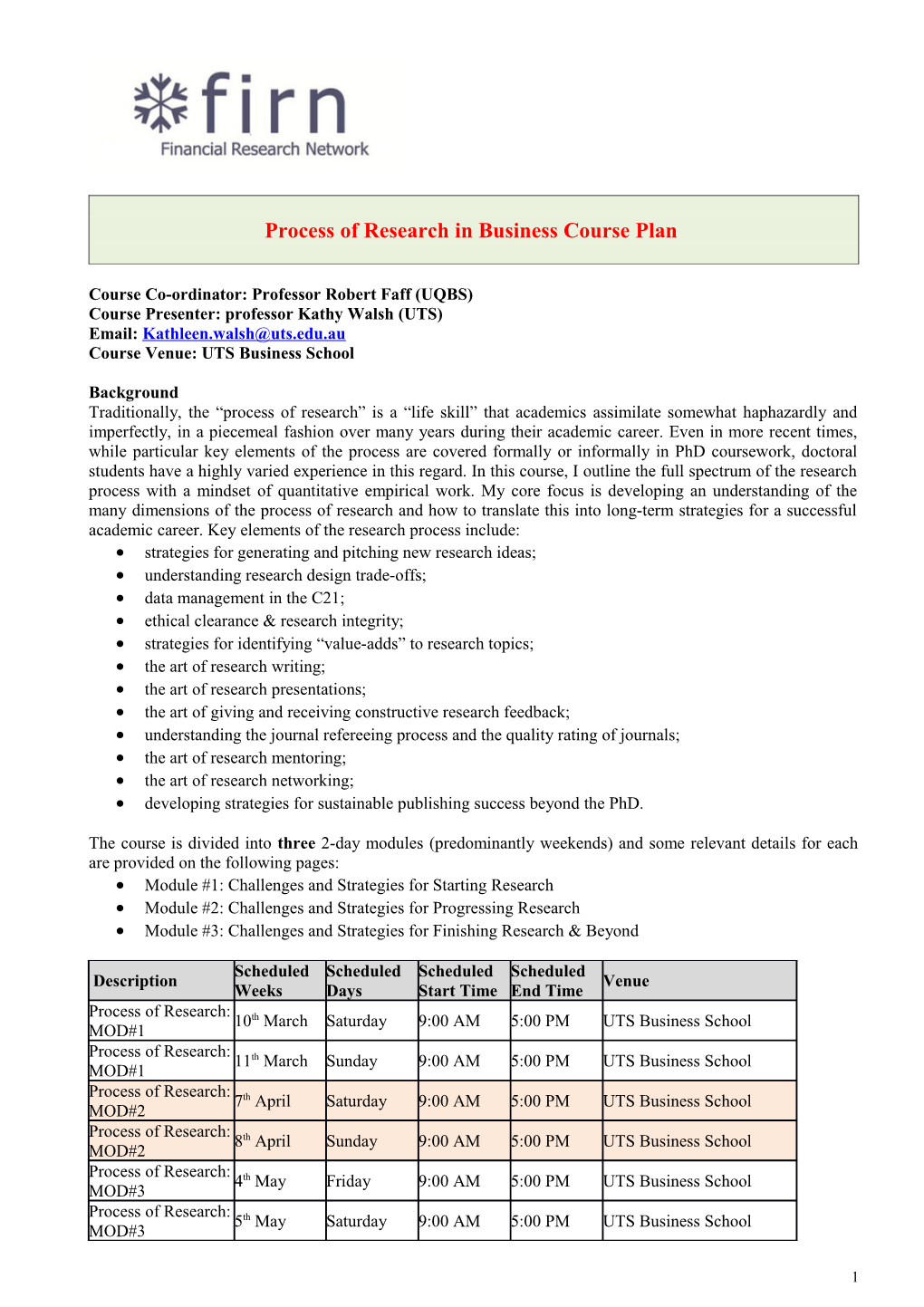 FINM3402 Investments and Portfolio Management Course Plan, 1St Semester 2009