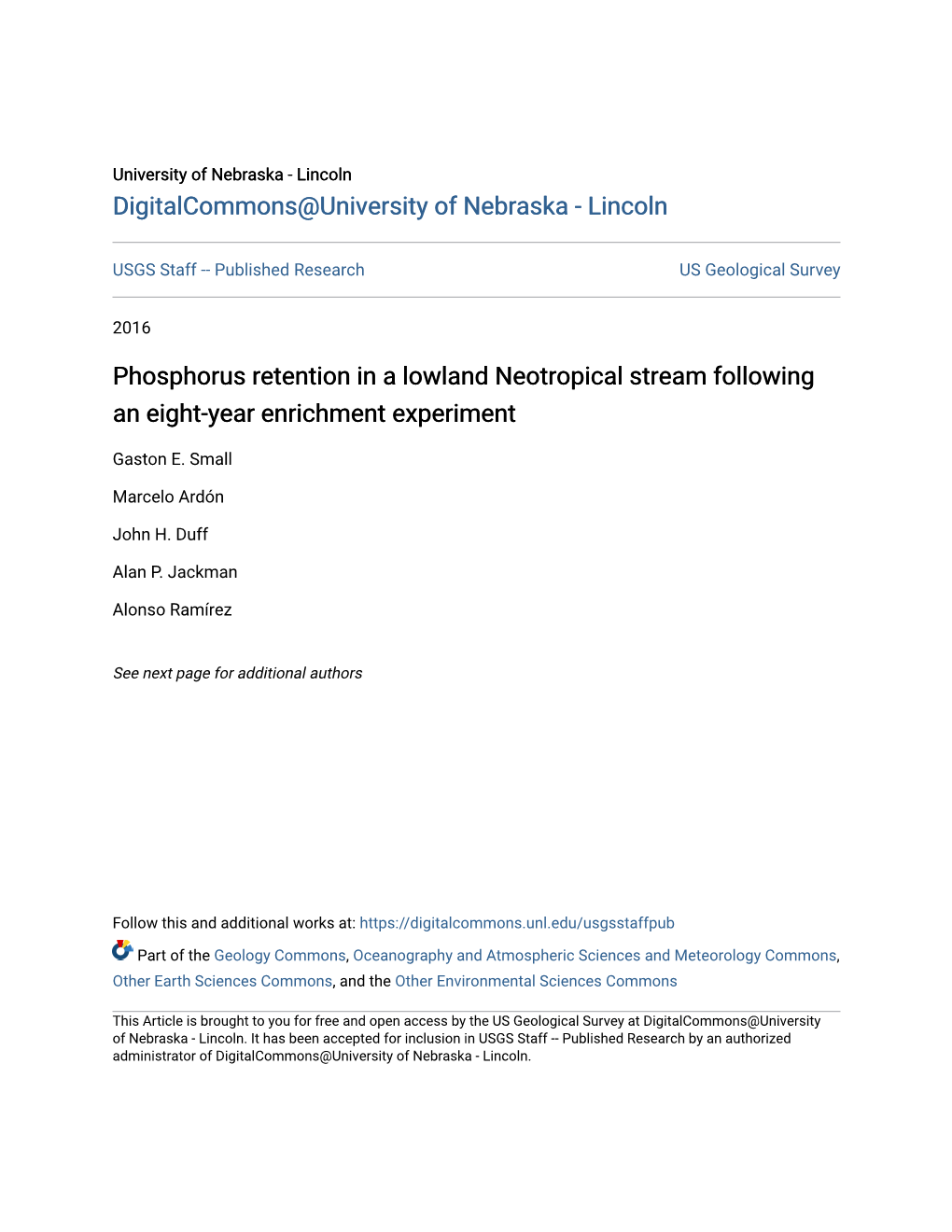 Phosphorus Retention in a Lowland Neotropical Stream Following an Eight-Year Enrichment Experiment