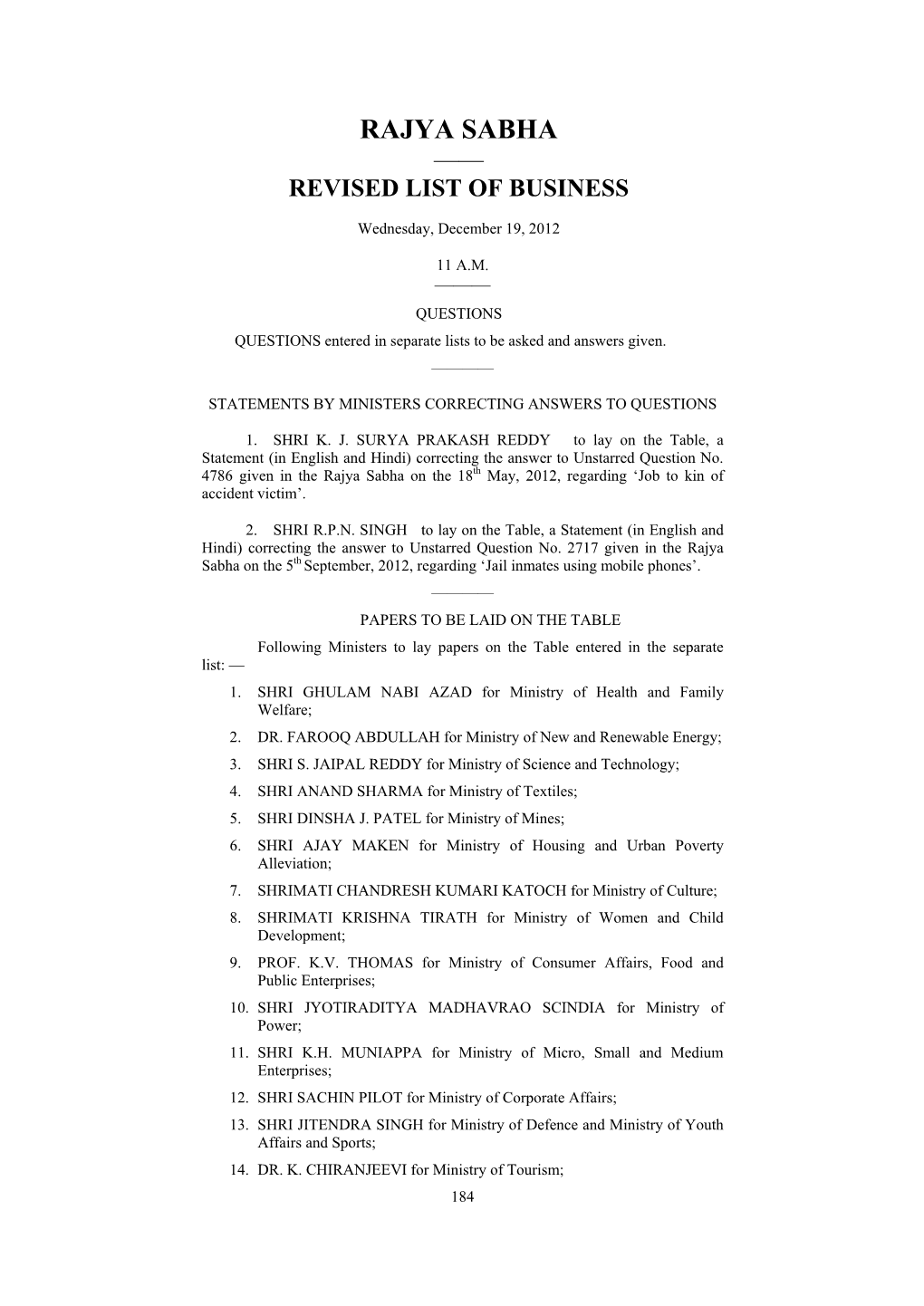 Rajya Sabha —— Revised List of Business