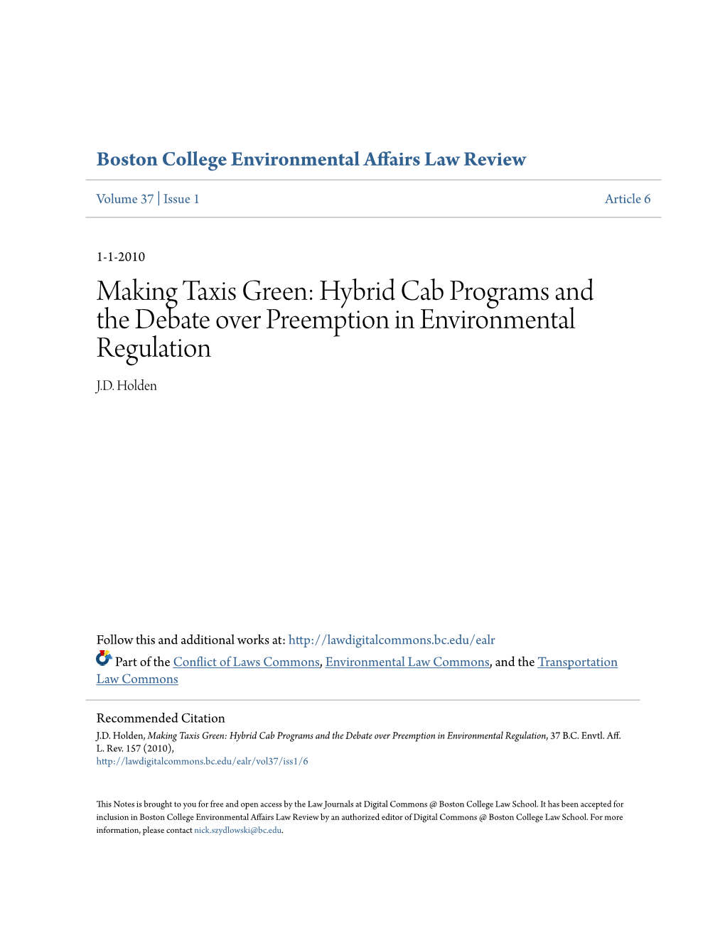 Hybrid Cab Programs and the Debate Over Preemption in Environmental Regulation J.D