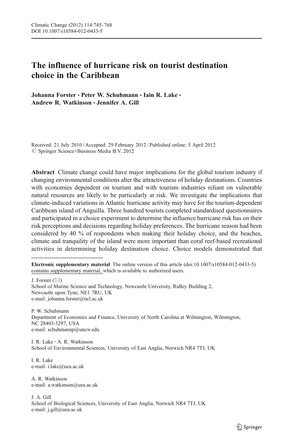 The Influence of Hurricane Risk on Tourist Destination Choice in the Caribbean