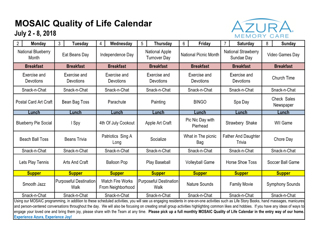 MOSAIC Quality of Life Calendar