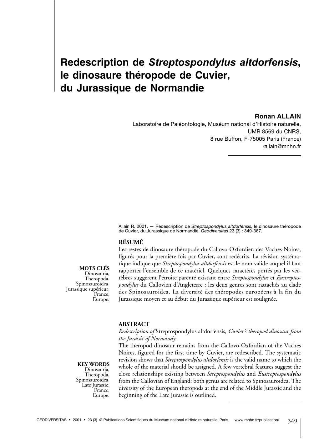 Redescription De Streptospondylus Altdorfensis, Le Dinosaure Théropode De Cuvier, Du Jurassique De Normandie