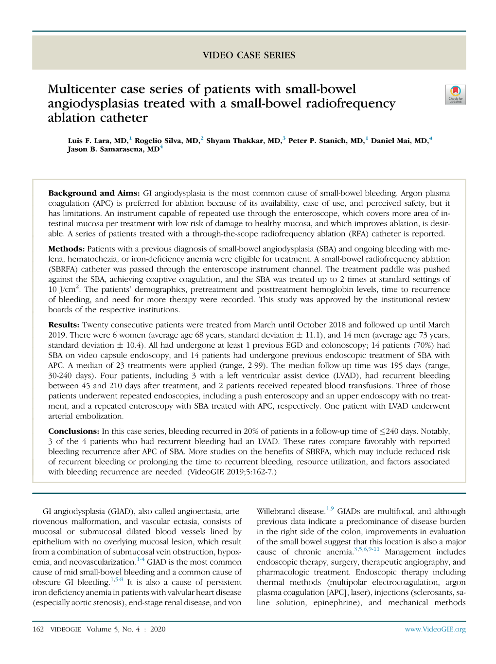 Multicenter Case Series of Patients with Small-Bowel Angiodysplasias Treated with a Small-Bowel Radiofrequency Ablation Catheter