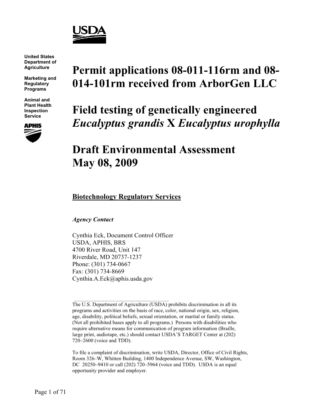 USDA/APHIS Environmental Assessment