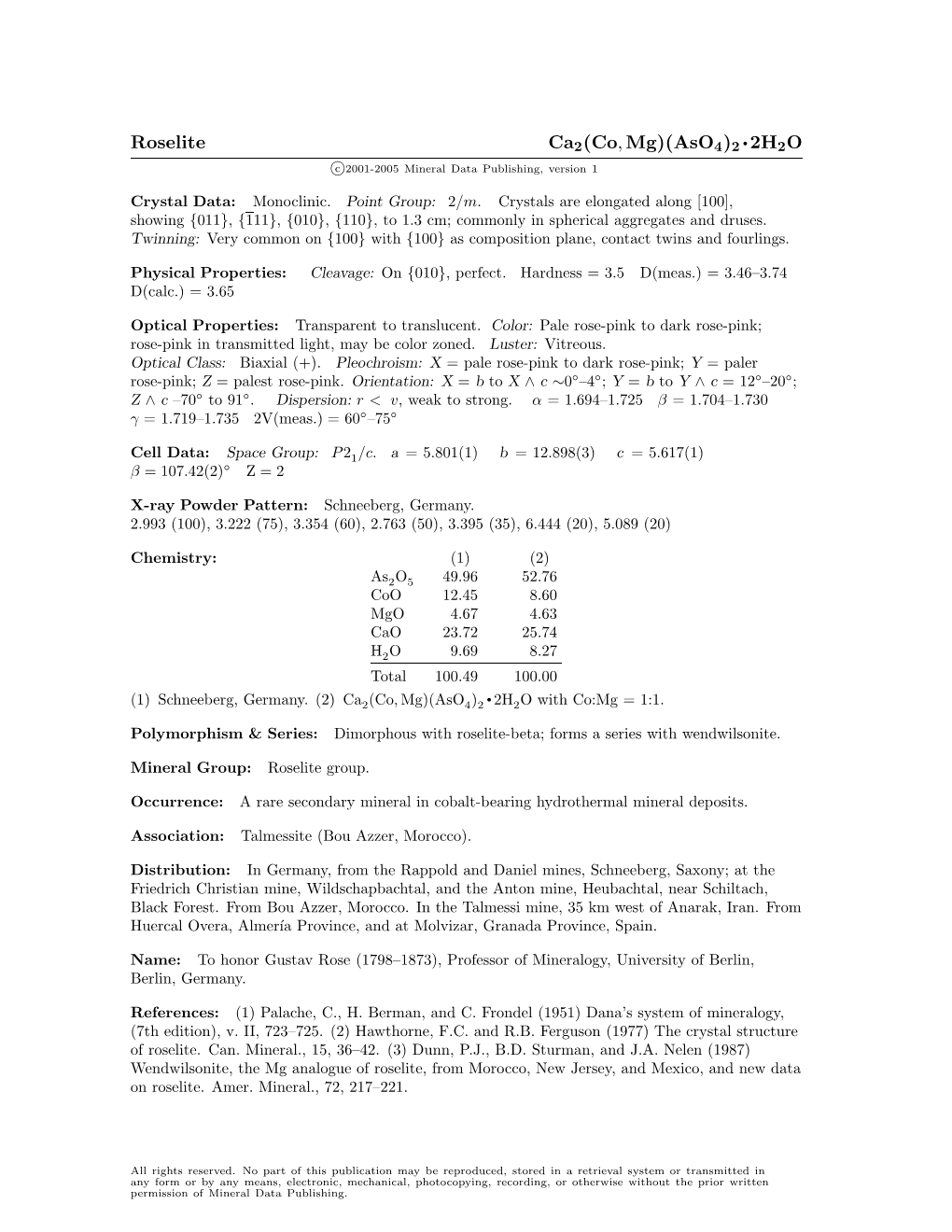 Roselite Ca2(Co, Mg)(Aso4)2 • 2H2O C 2001-2005 Mineral Data Publishing, Version 1