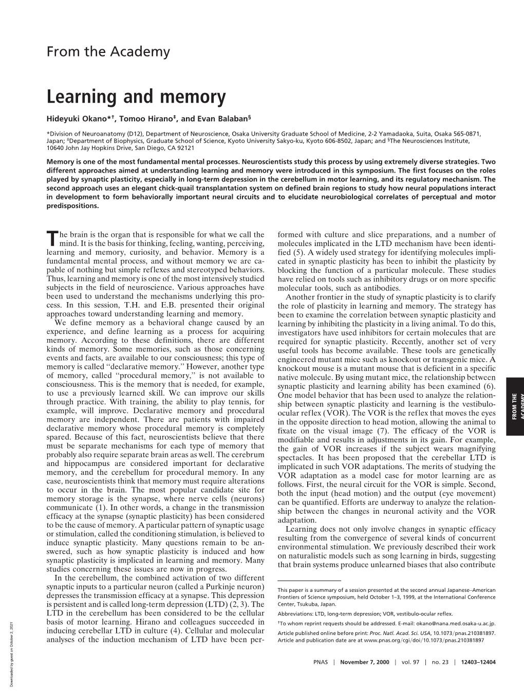 Learning and Memory