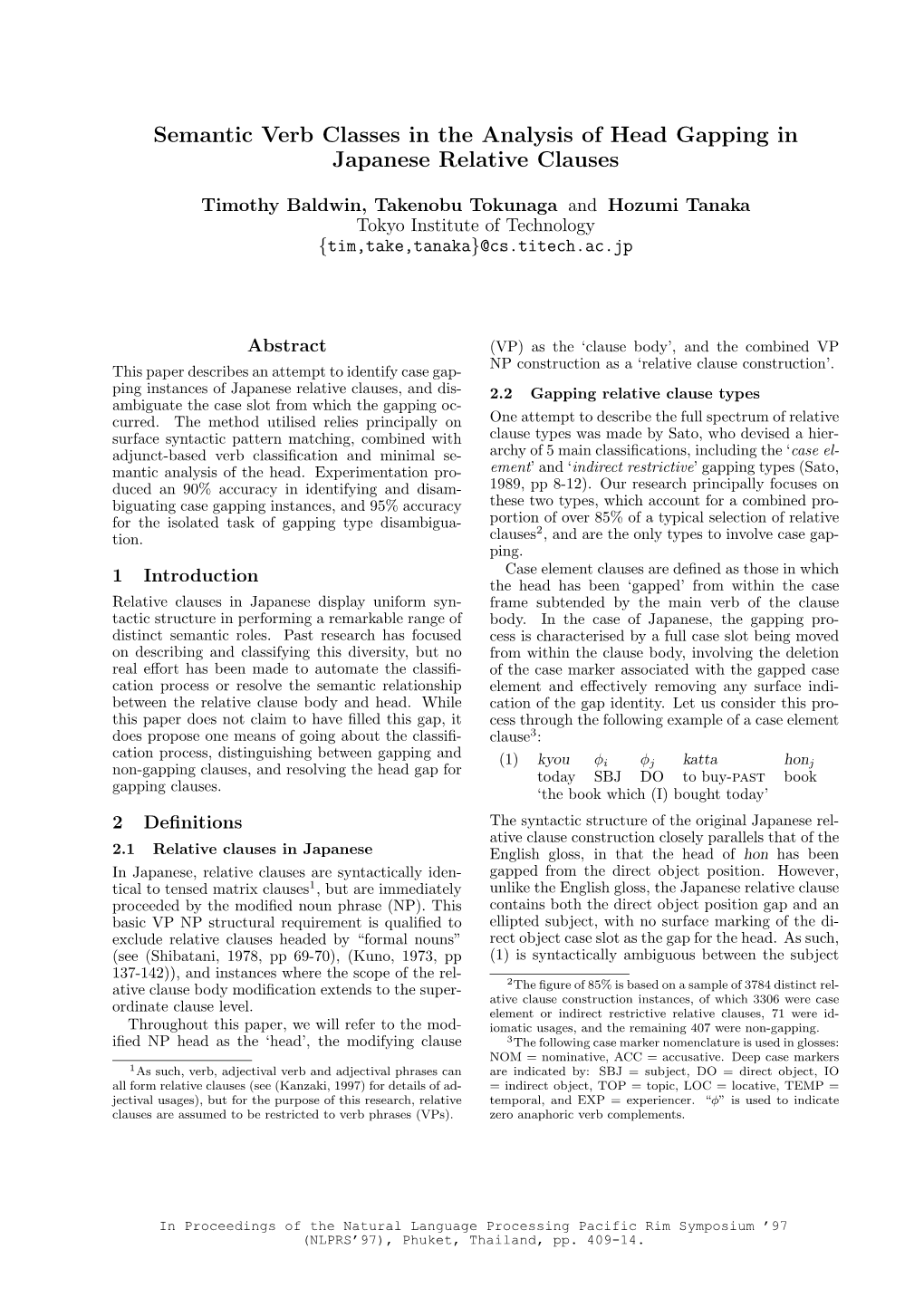 Semantic Verb Classes in the Analysis of Head Gapping in Japanese Relative Clauses