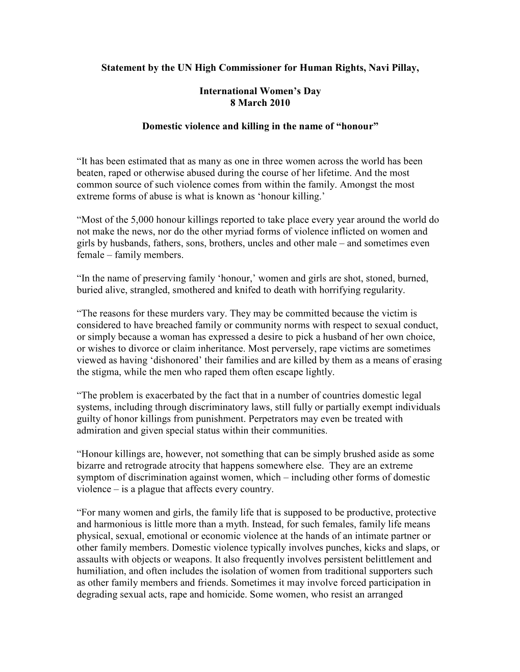Statement by the UN High Commissioner for Human Rights, Navi Pillay