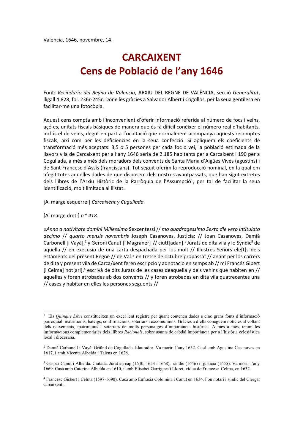 CARCAIXENT Cens De Població De L'any 1646